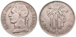 Belgian Congo, Colony, Albert I, 1 Franc Copper-Nickel 1923, Laureate ...