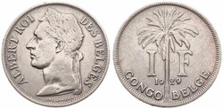 Belgian Congo, Colony, Albert I, 1 Franc Copper-Nickel 1929, Laureate ...