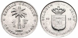 Ruanda-Urundi, Province, Baudouin I, 1 Franc Aluminum 1958, Oil palm ...