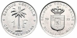 Ruanda-Urundi, Province, Baudouin I, 1 Franc Aluminum 1959, Oil palm ...