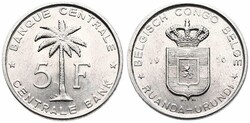 Ruanda-Urundi, Province, Baudouin I, 5 Francs Aluminum 1956, Oil palm ...