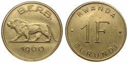 Rwanda-Burundi, Provinces, 1 Franc Brass 1960, Lion walking left, KM ...