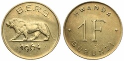 Rwanda-Burundi, Provinces, 1 Franc Brass 1964, Lion walking left, KM ...