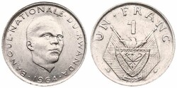 Rwanda, Republic, 1 Franc Copper-Nickel 1964, Head right, KM 5, KEY ...