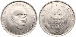 Rwanda, Republic, 10 Francs Copper-Nickel 1964, Head right, KM 7, VF. ...