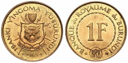 Burundi, Kingdom, Mwambutsa IV, 1 Franc Brass 1965, National arms ...