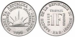 Burundi, Republic, 1 Franc Aluminum 1970, Rising sun above date, KM ...