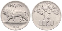 Albania, Kingdom, King Zog I, 1/4 Leku Nickel 1926R, Lion advancing ...