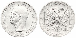 Albania, Italian Occupation WWII, Vittorio Emanuele III, 5 Lek Silver ...