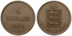Guernsey, British Dependency, Victoria, 4 Doubles Bronze 1864, Leaves ...