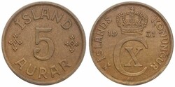 Iceland, Kingdom, Christian X, 5 Aurar Bronze 1931, Crown above ...