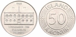 Iceland, Republic, 50 Kronur Nickel 1968, 50th Anniversary of ...