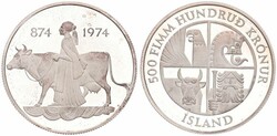 Iceland, Republic, 500 Kronur Silver ND (1974), 1100th Anniversary of ...