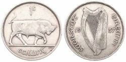 Ireland, Irish Free State, 1 Shilling Silver 1937, Bull walking right ...