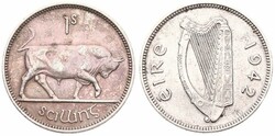 Ireland, Republic, 1 Shilling Silver 1942, Bull walking left, KM 14, ...