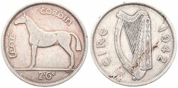 Ireland, Republic, 1/2 Crown Silver 1942, Horse left, KM 16, SCARCE ...