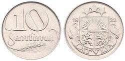 Latvia, First Republic, 10 Santimu Nickel 1922, National arms above ...
