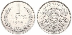 Latvia, First Republic, 1 Lats Silver 1924, National arms above ...