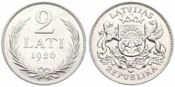 Latvia, First Republic, 2 Lati Silver 1926, National arms above ...