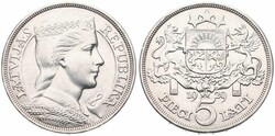 Latvia, First Republic, 5 Lati Silver 1929, Crowned head right, KM 9, ...