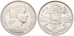 Latvia, First Republic, 5 Lati Silver 1929, Crowned head right, KM 9, ...