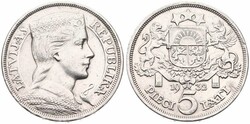 Latvia, First Republic, 5 Lati Silver 1932, Crowned head right, KM 9, ...
