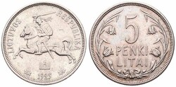 Lithuania, Republic, 5 Litai Silver 1925, National arms, KM 78, A.XF. ...