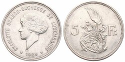 Luxembourg, Grand Duchy, Charlotte, 5 Francs Silver 1929, Head left, ...