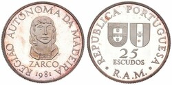 Madeira Islands, Portuguese Colony, 25 Escudos Silver 1981, Autonomy ...