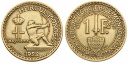 Monaco, Principality, Louis II, 1 Franc Aluminum-Bronze 1924, ...