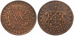 Portugal, Kingdom, Maria II, 20 Reis Copper 1849, Crowned arms in ...