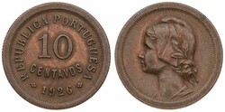 Portugal, Republic, 10 Centavos Bronze 1926, Liberty head left, KM ...