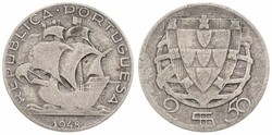 Portugal, Republic, 2-1/2 Escudos Silver 1948, Early sailing ship, KM ...