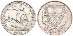 Portugal, Republic, 5 Escudos Silver 1942, Early sailing ship, KM 581 ...