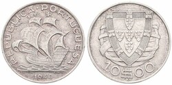 Portugal, Republic, 10 Escudos Silver 1940, Early sailing ship, KM ...