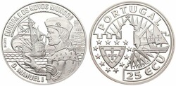 Portugal, Republic, 25 Ecu Silver 1994, Manuel I and Sailing ship, KM ...