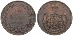 Romania, Kingdom, Carol I, 10 Bani Copper 1867 WATT & CO., Crowned ...