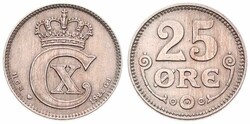 Denmark, Kingdom, Christian X, 25 Ore Copper-Nickel 1922, Crowned ...