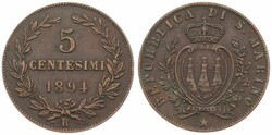 San Marino, Republic, 5 Centesimi Copper 1894R, Crowned pointed arms ...