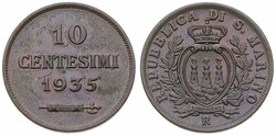 San Marino, Republic, 10 Centesimi Bronze 1935R, Crowned pointed arms ...