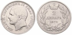 Serbia, Kingdom, Milan I as Prince, 2 Dinara Silver 1879, Head left, ...