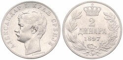 Serbia, Kingdom, Alexander I, 2 Dinara Silver 1897, Head left, KM 22, ...