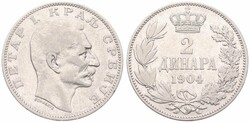 Serbia, Kingdom, Peter I, 2 Dinara Silver 1904, Head right, KM 26.1, ...