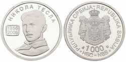 Serbia, Republic, 1000 Dinara Silver 2006, Bust of Nikola Tesla left, ...