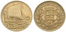 Estonia, Republic, 1 Kroon Aluminum-Bronze 1934, Sailing Viking ship ...