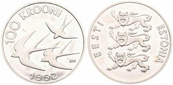 Estonia, Republic, 100 Krooni Silver 1992, Three Barn Swallows in ...