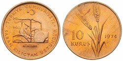 Turkey, Republic, 10 Kurus Bronze 1974, F.A.O. - Ataturk driving ...