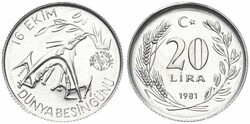 Turkey, Republic, 20 Lira Aluminum 1981, F.A.O. - World Food Day, KM ...