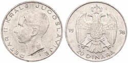 Yugoslavia, Kingdom, Petar II, 20 Dinara Silver 1938, Head left, KM ...
