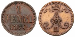 Finland, Grand Duchy, Alexander II, 1 Penni Copper 1870, Crowned ...